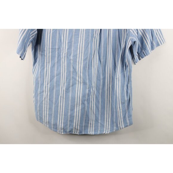 Vtg 90s Streetwear Mens Medium Chambray Striped Baggy Short Sleeve Button Shirt - Picture 12 of 12